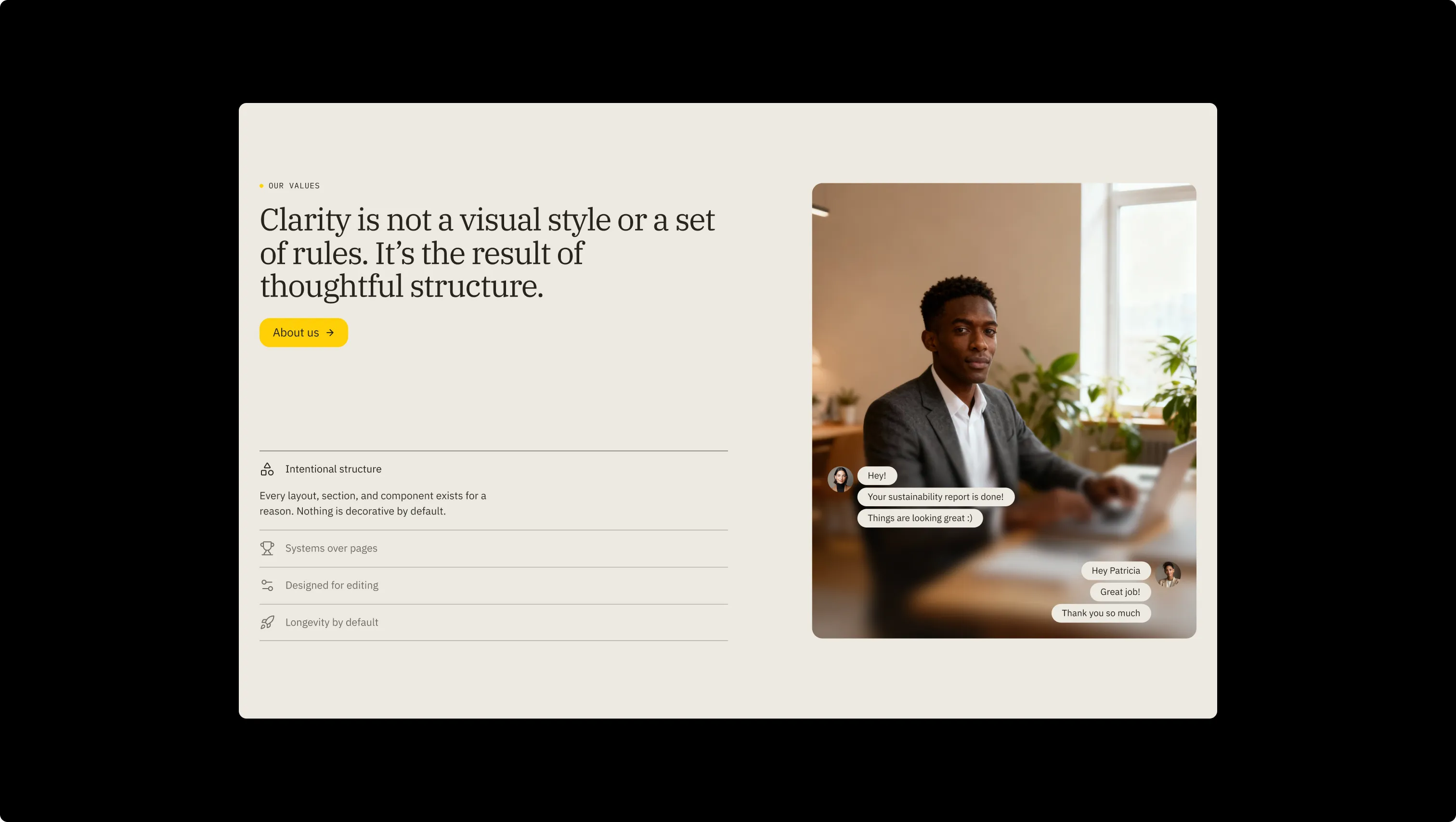 Values Section with Chat Interface