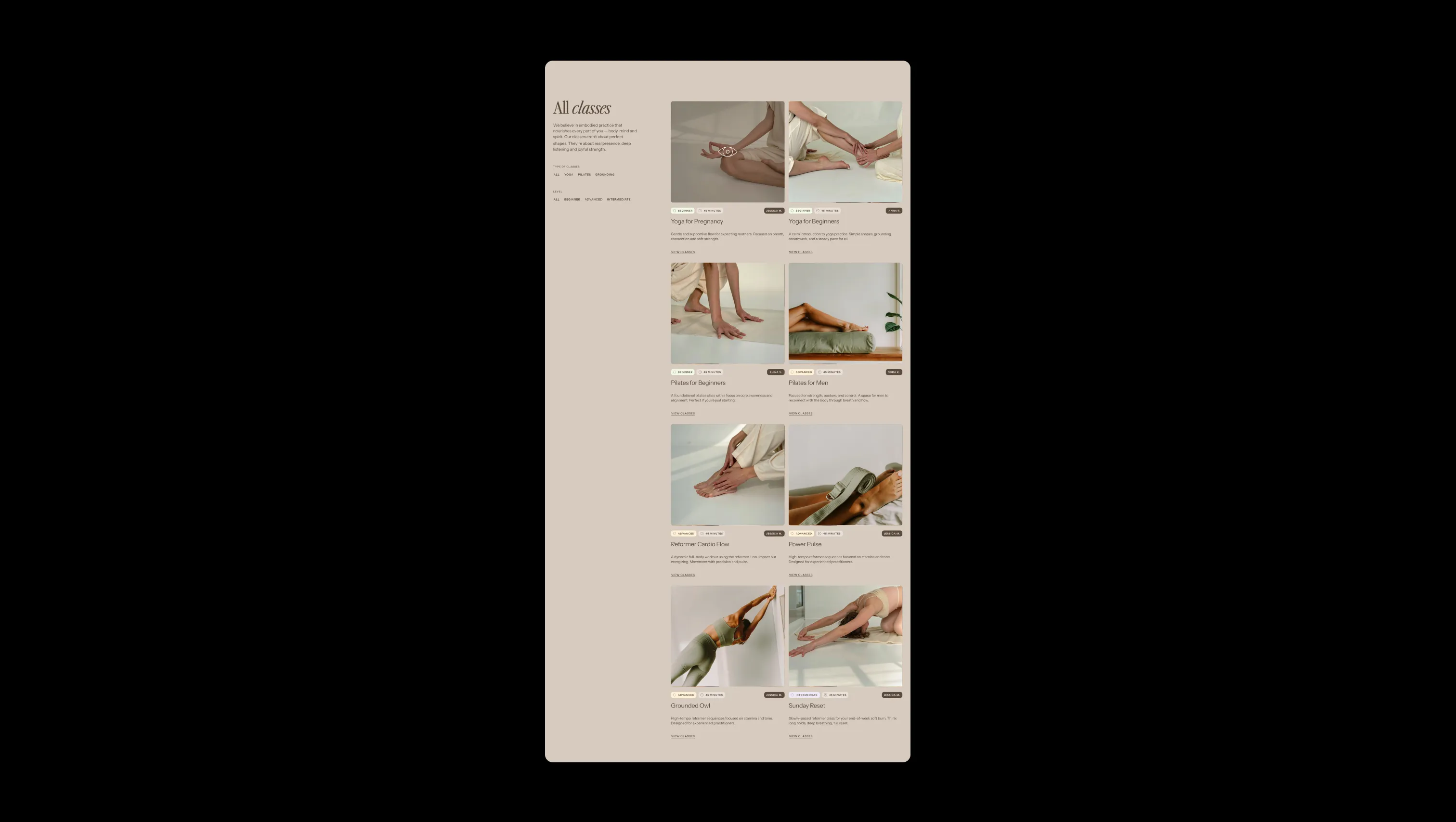 Class Gallery with Filtering and Two-Column Grid