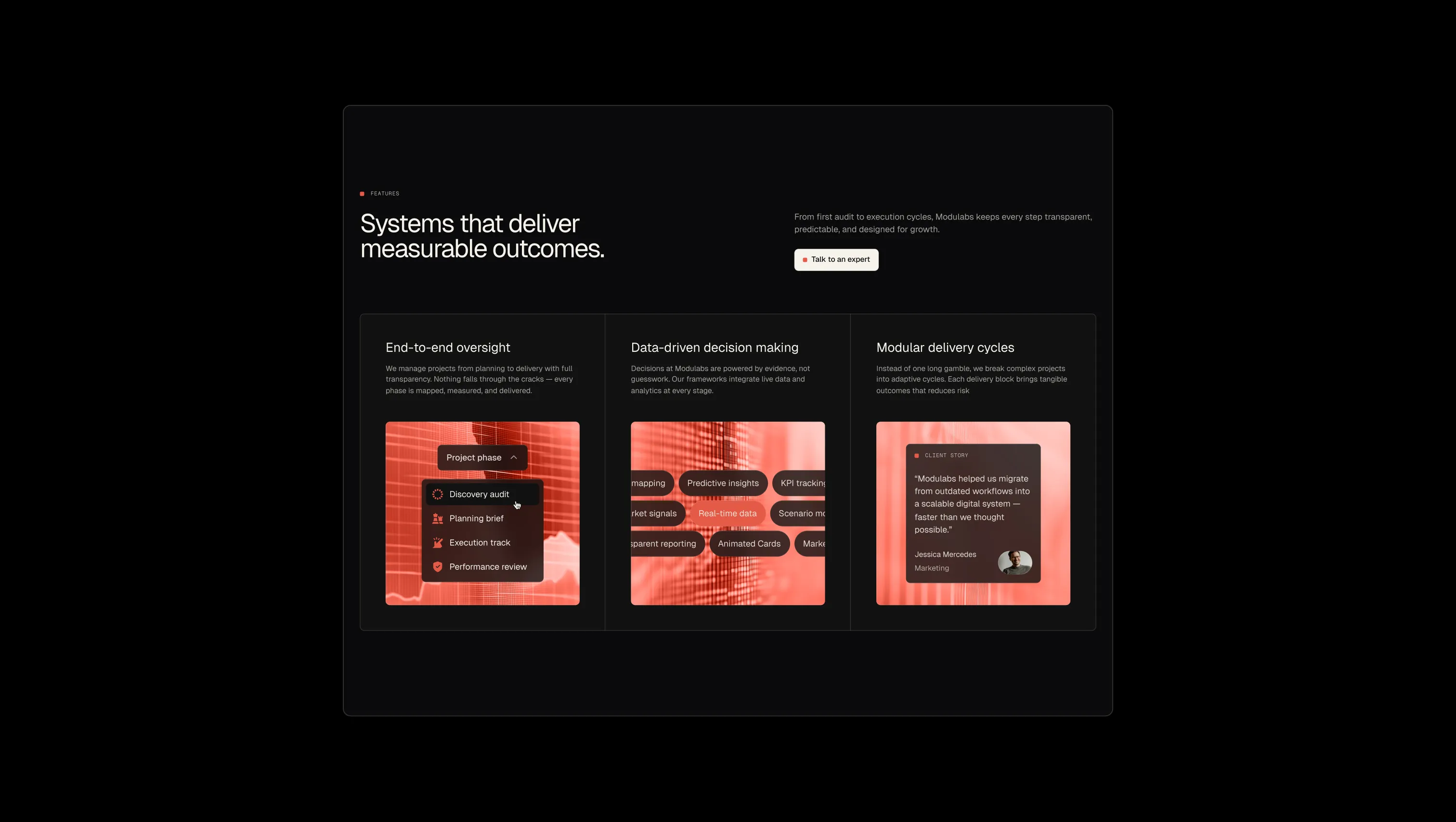 Features Grid with Client Testimonial
