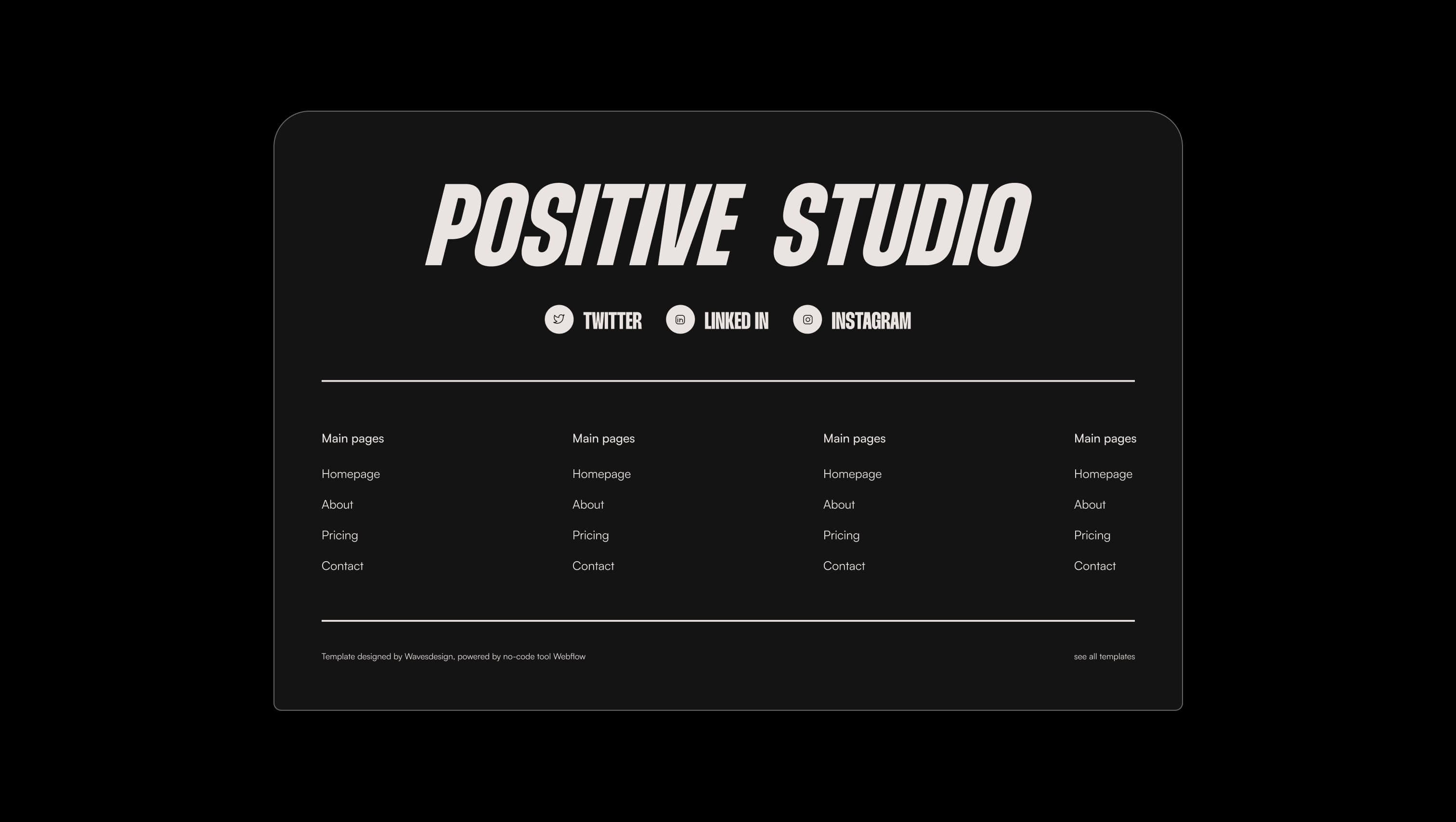 Footer with Big Logo, Socials, and Navigation