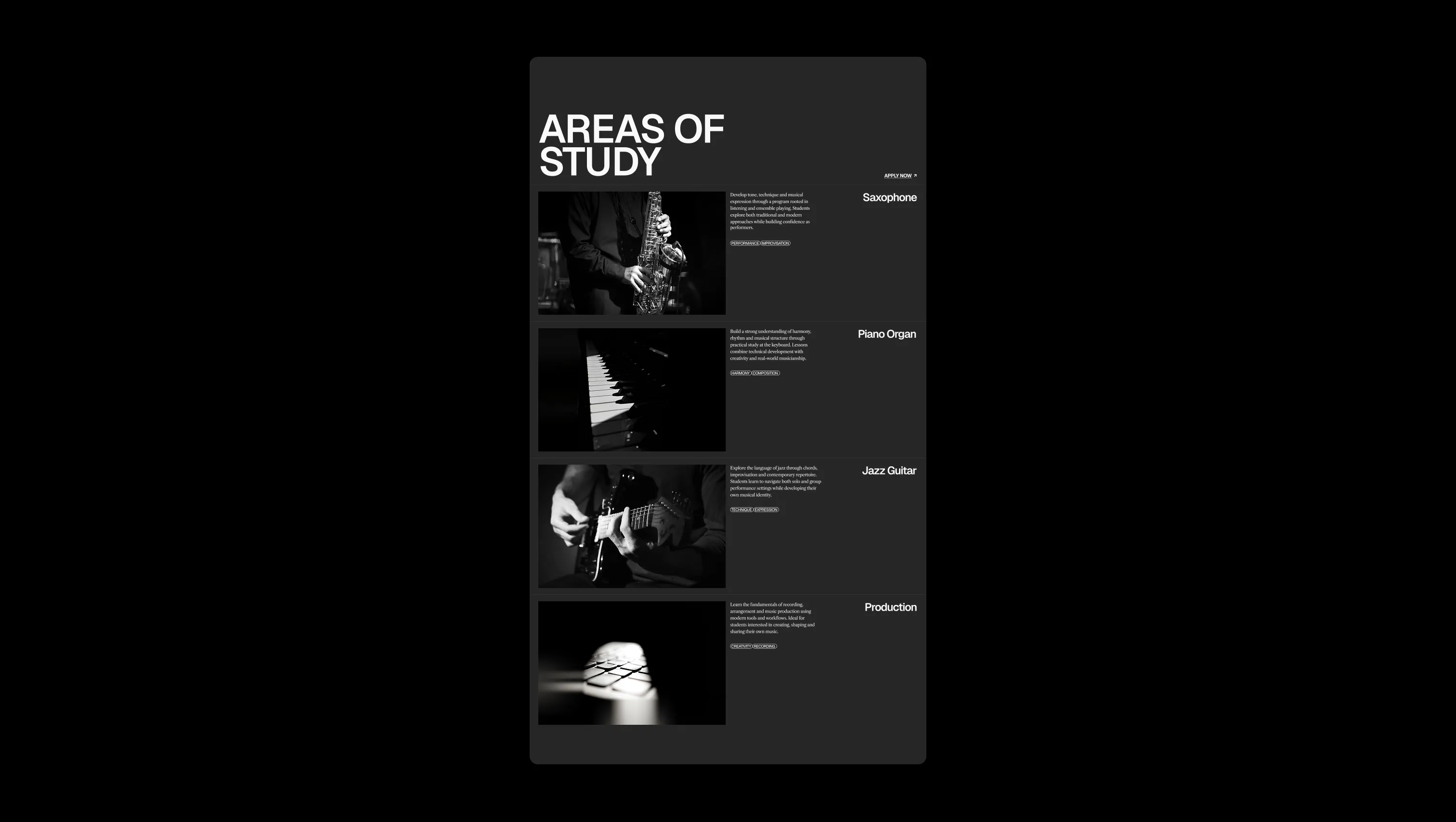 Areas of Study List Section