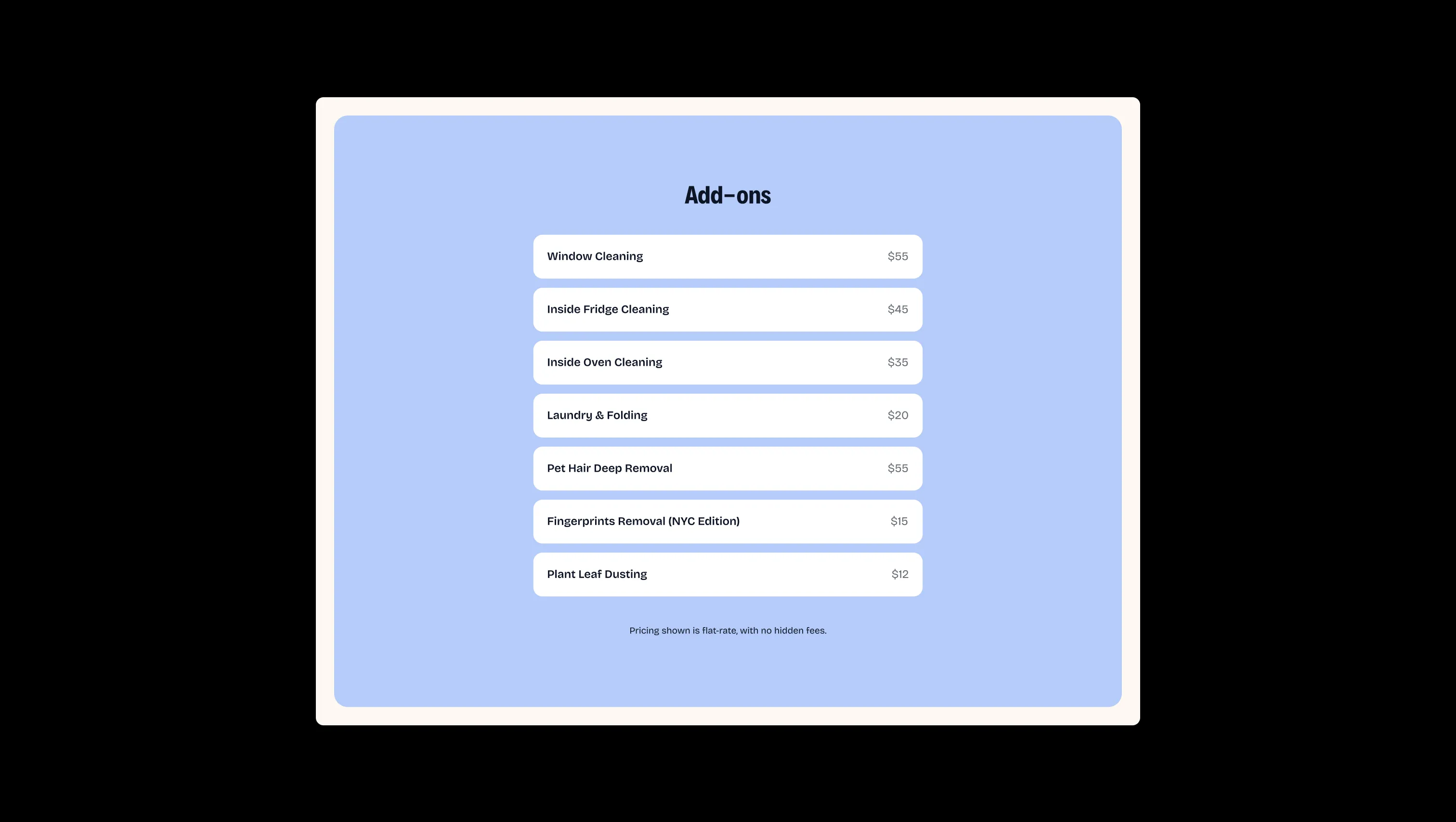 Add-ons Pricing List Section