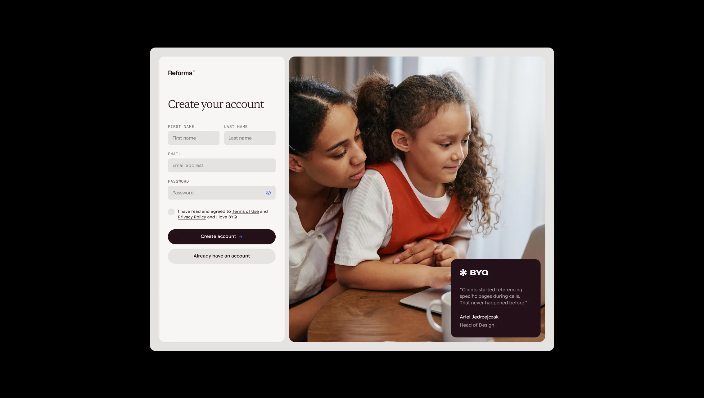Create Account with Testimonials